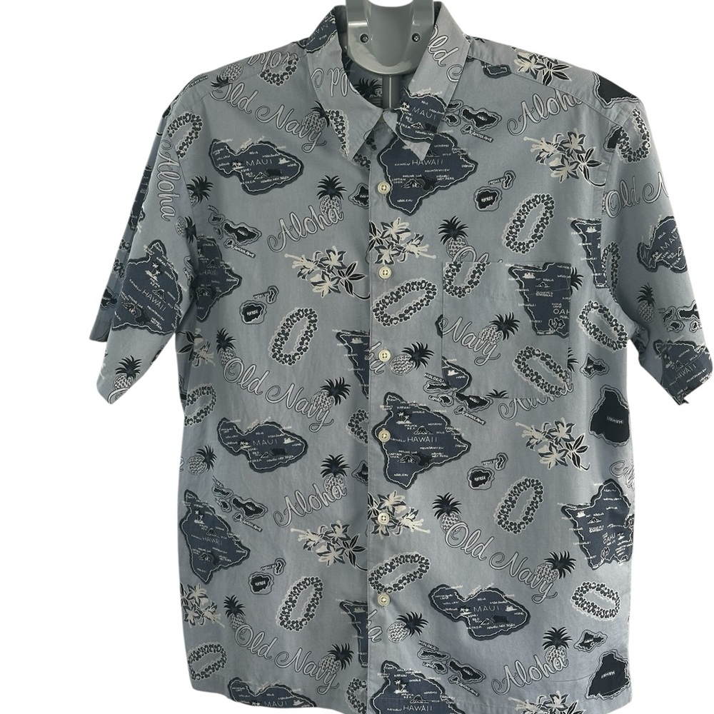Old Navy Men's Blue Gray Hawaiian Print Short-Sleeve Button-Up Shirt